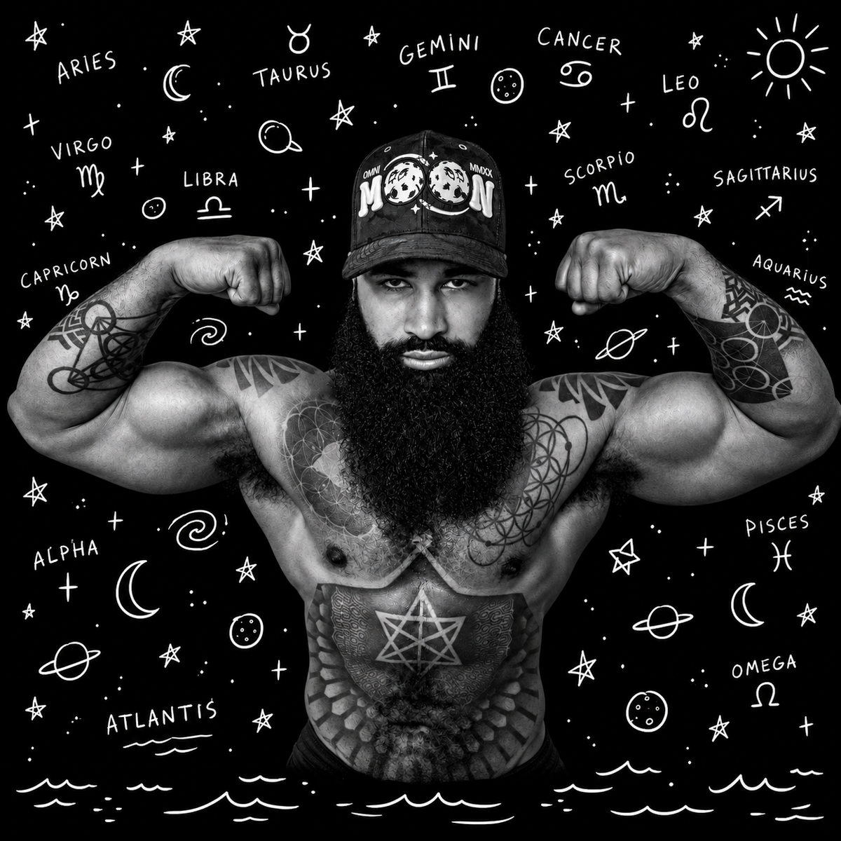 POSEIDON OF NEPTUNE with hand-drawn zodiac symbols on a black background