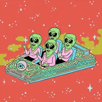 Three small green aliens riding a patterned flying carpet through a pink starry sky