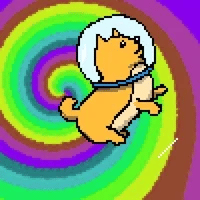 Pixel-art tan dog wearing an astronaut helmet against a rainbow spiral
