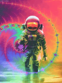 Astronaut walking through reflective water beneath green and rainbow cosmic light