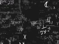 Black chalkboard covered with white mathematical equations and symbols