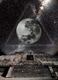 Ancient stepped pyramid beneath a large moon and glowing triangle in a starry sky