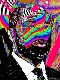 Psychedelic pop-art portrait of a bearded man in glasses and a suit