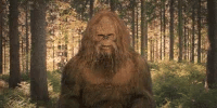 Towering Sasquatch beside ancient hominins and Anunnaki figures beneath the stars