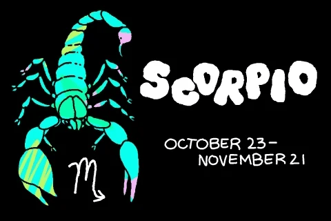 Scorpio beneath Mars and Pluto with dark water, phoenix fire, and sacred symbols