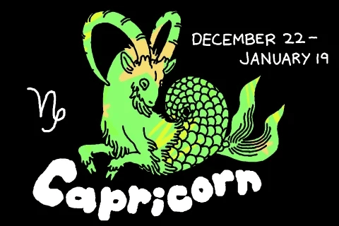 Capricorn sea-goat beneath Saturn with mountains, stone, and sacred geometry