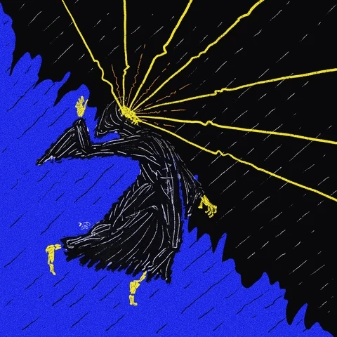 Dark-robed figure struck by golden rays while falling between black and blue fields