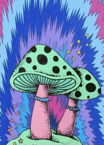 Glowing psilocybin mushrooms surrounded by mycelium and sacred geometry