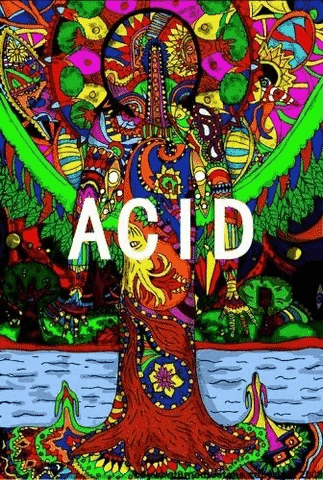 Psychedelic human profile opening into geometric color and a shadowed CIA file