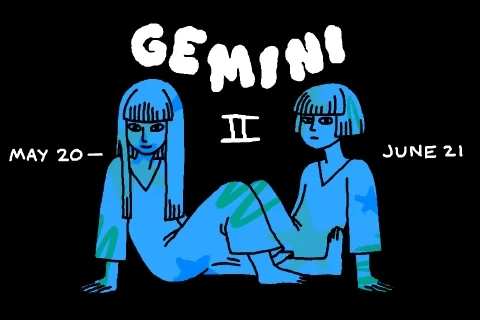 Gemini twins beneath Mercury with Air symbols and sacred geometry