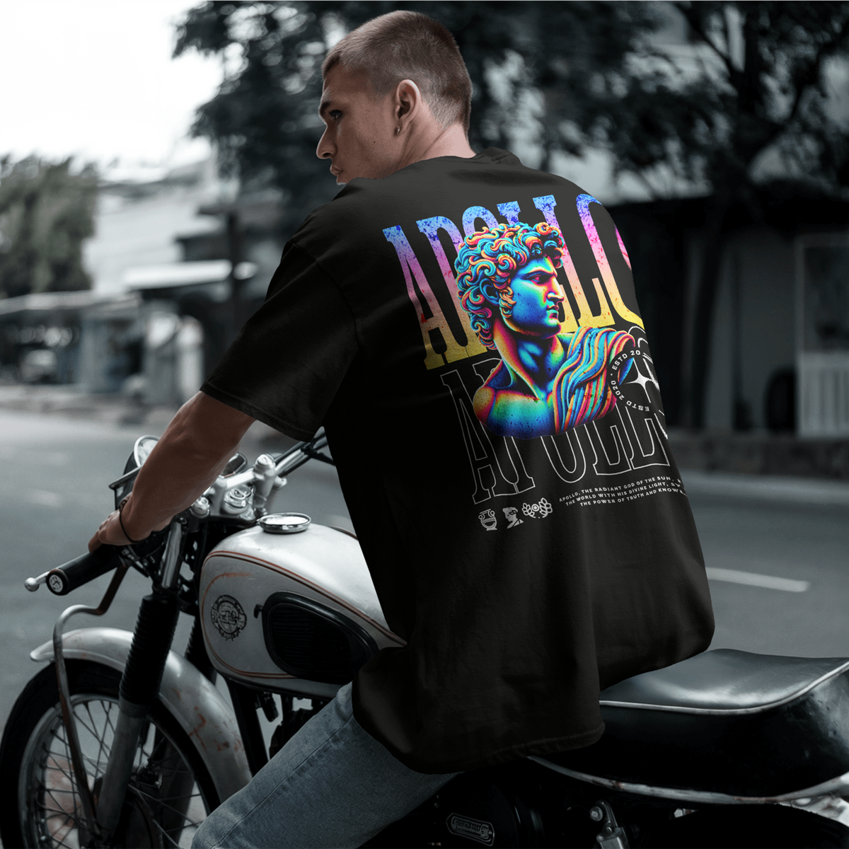Model wearing the black Sun of Apollo oversized Greek mythology T-shirt