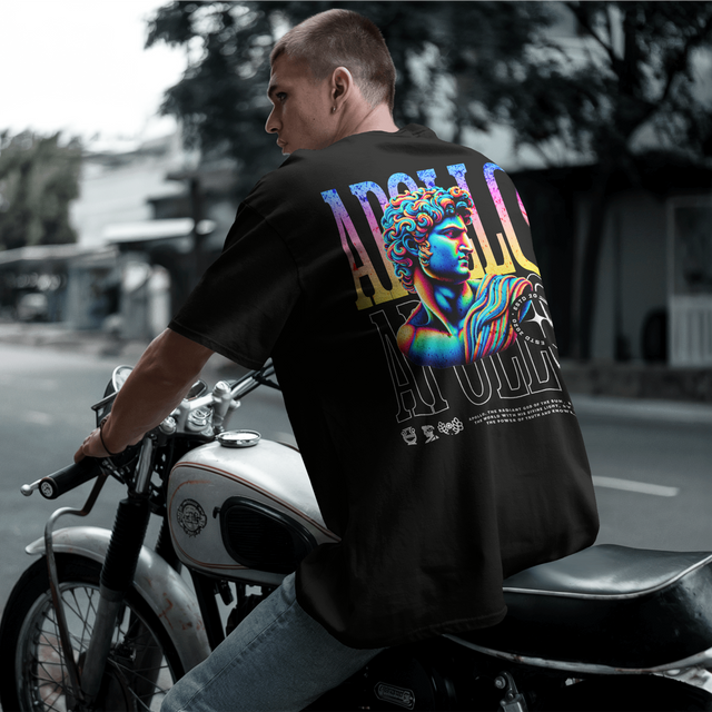Model wearing the black Sun of Apollo oversized Greek mythology T-shirt