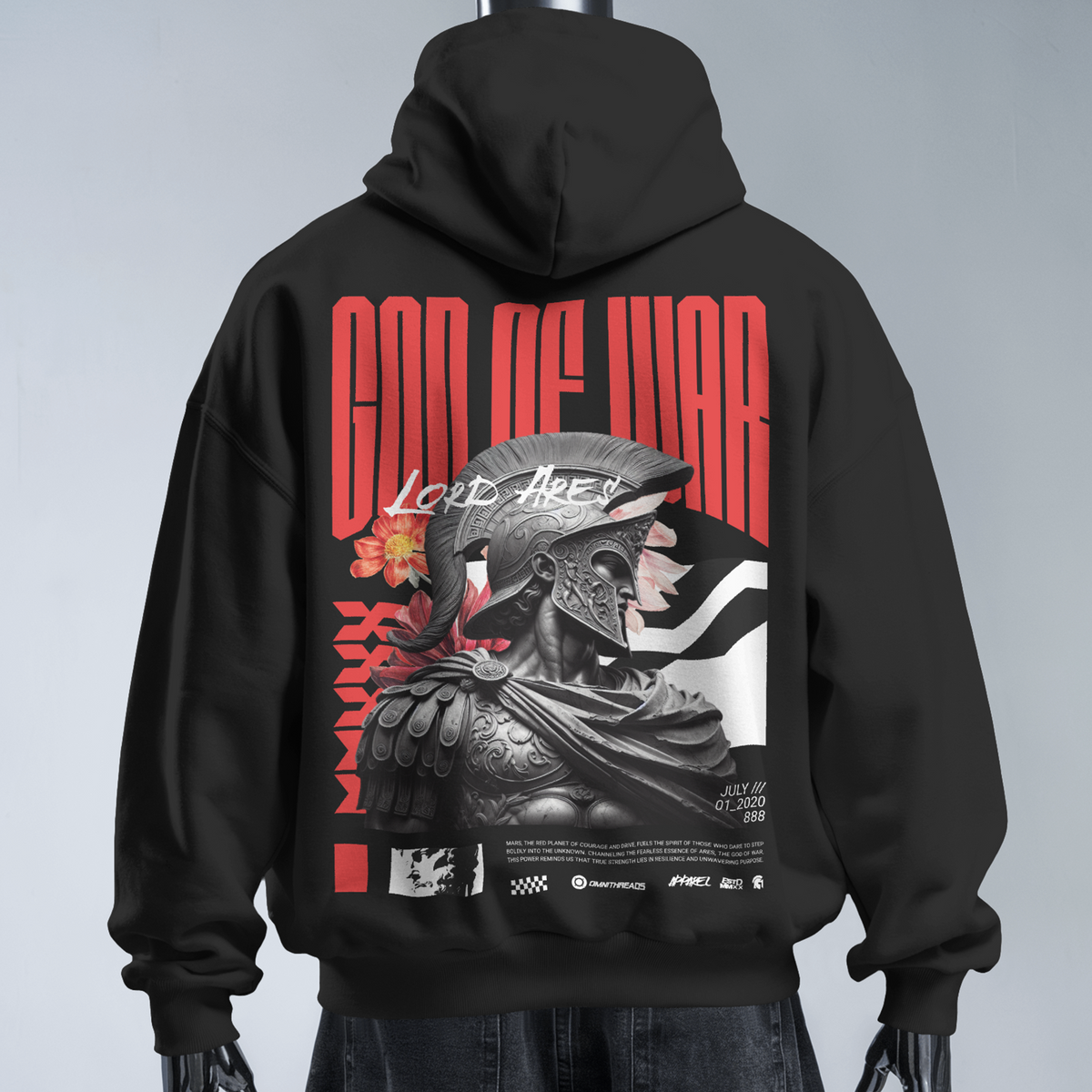 Model wearing the black Ares God of War oversized fleece hoodie