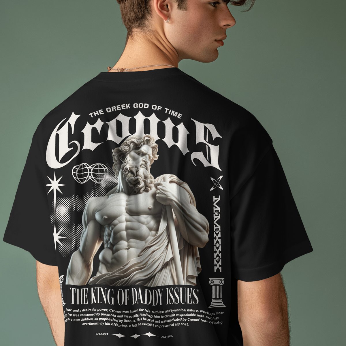 Model wearing the black Cronus of Saturn oversized Greek Titan T-shirt