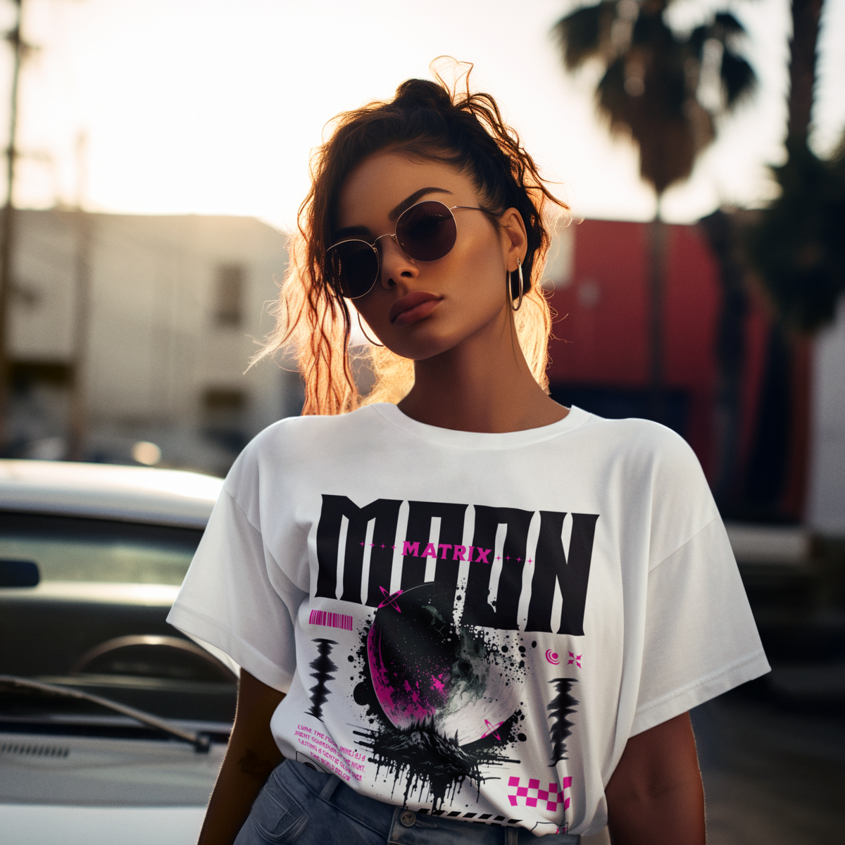Model wearing the white Moon Matrix Luna oversized graphic T-shirt