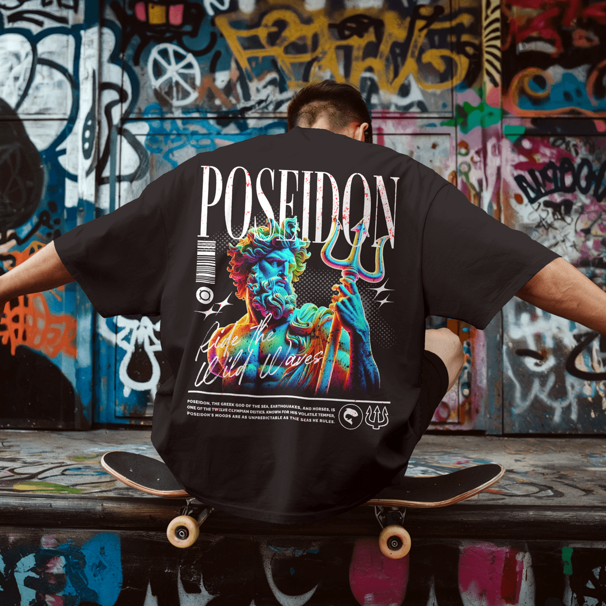 Model wearing the black Poseidon of Neptune oversized sea god T-shirt